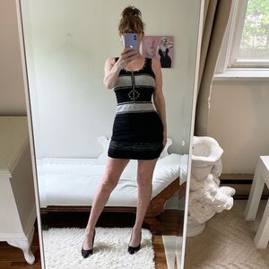 BLACK SILVER GRAY METALLIC BEADWORK BANDAGE DRESS SLEEVELESS SCOOPED NECK